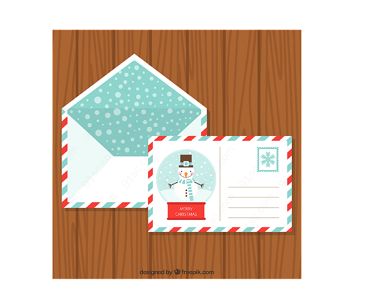 雪人明信片和信封矢量圣诞节