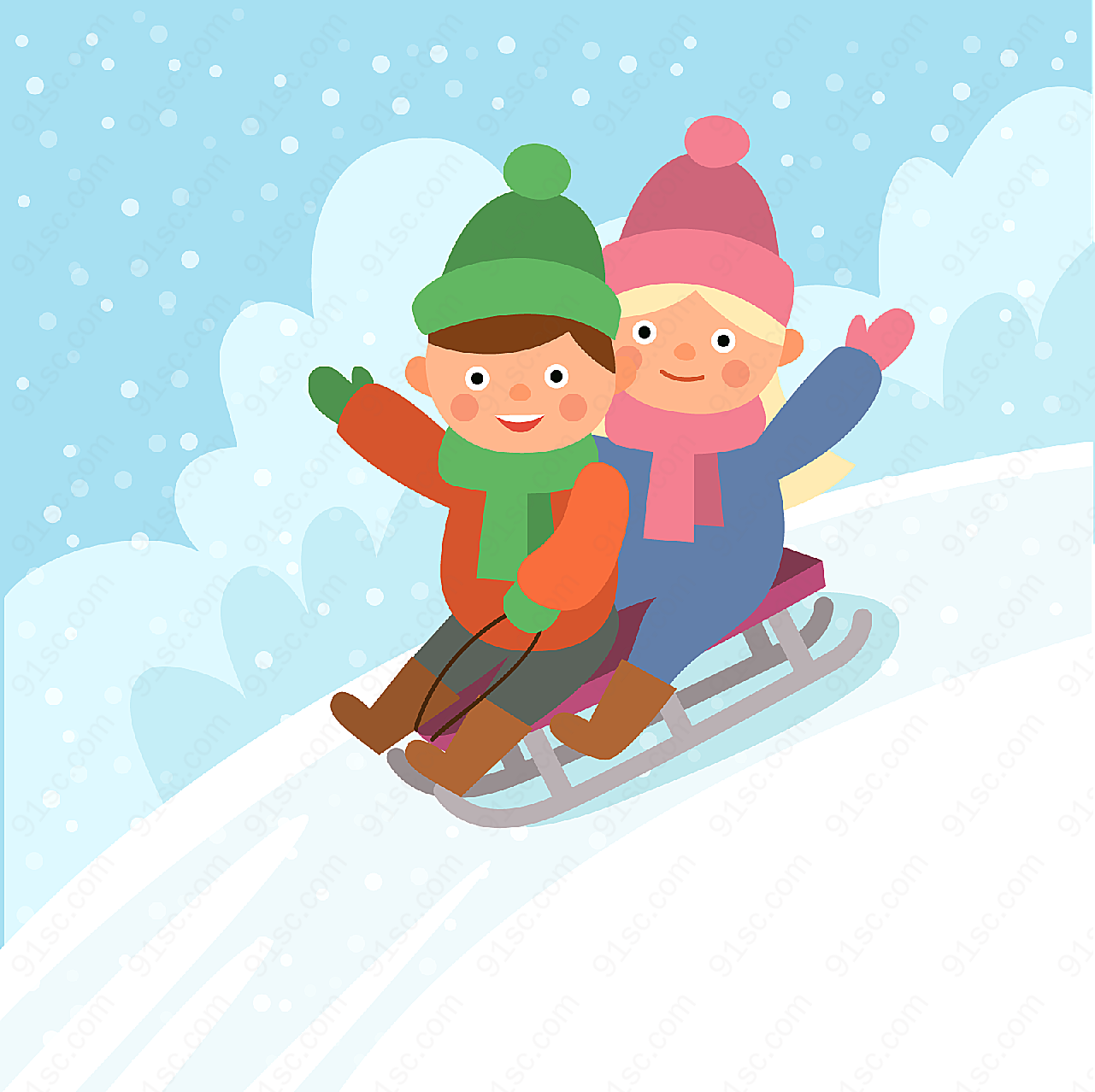 玩雪橇的2个孩子矢量儿童幼儿
