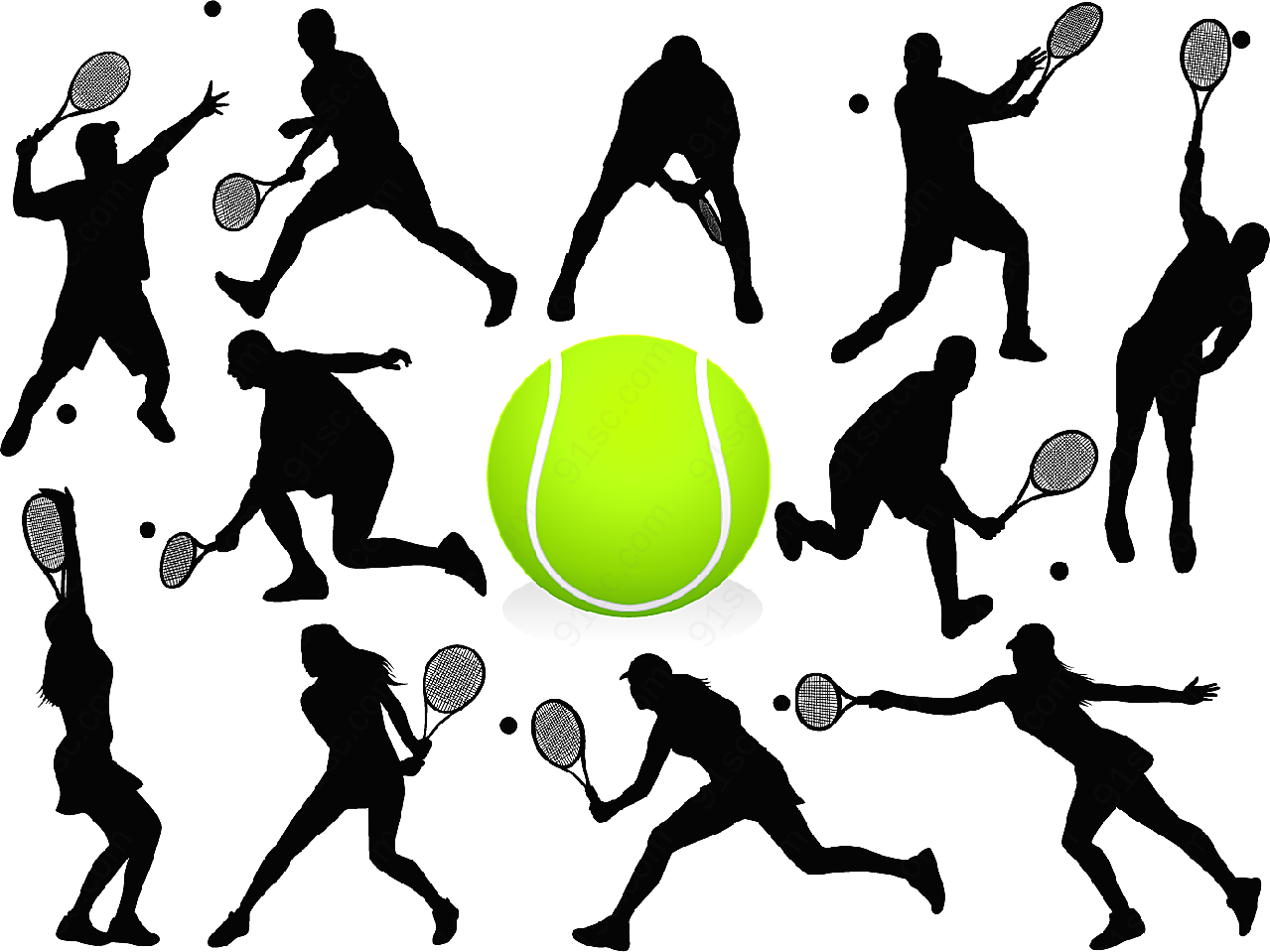 网球运动动作剪影矢量体育运动
