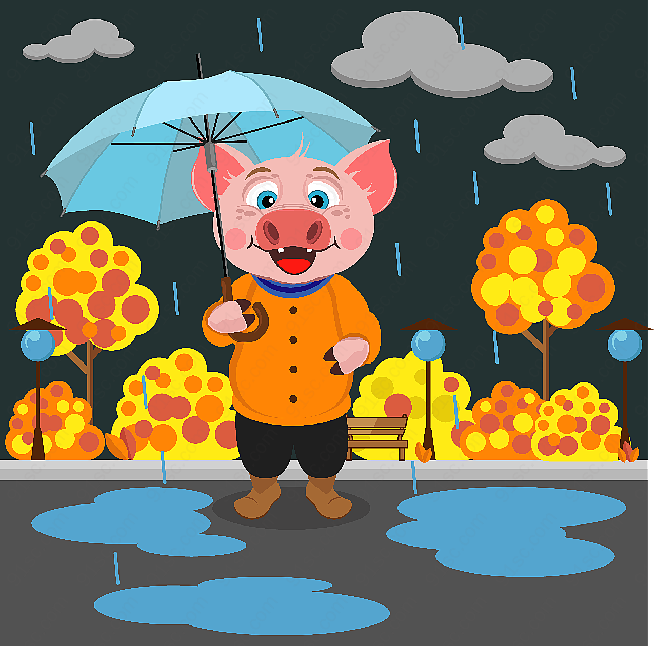 雨中撑伞的猪矢量卡通动物