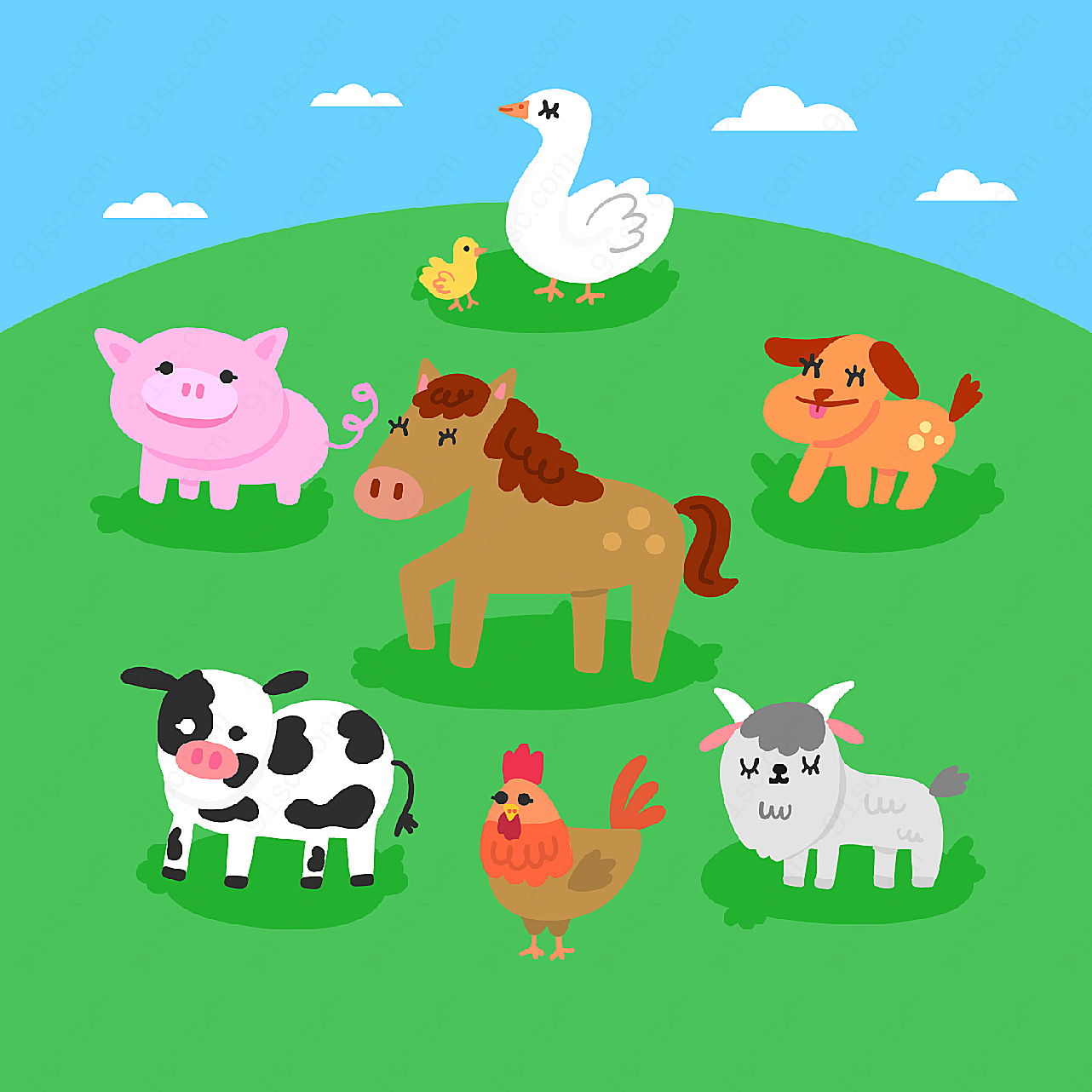 草地上的农场动物矢量家禽家畜