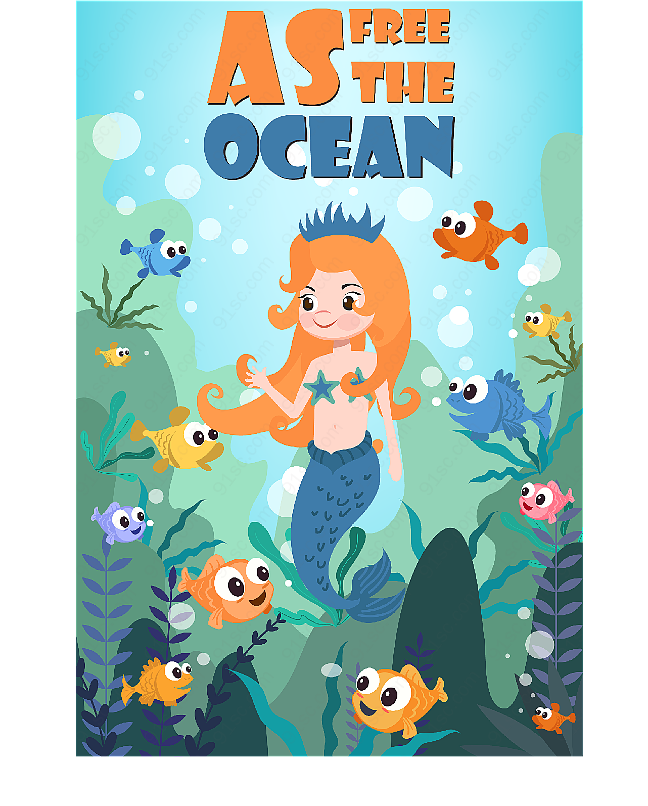 海底美人鱼和鱼群角色矢量卡通角色