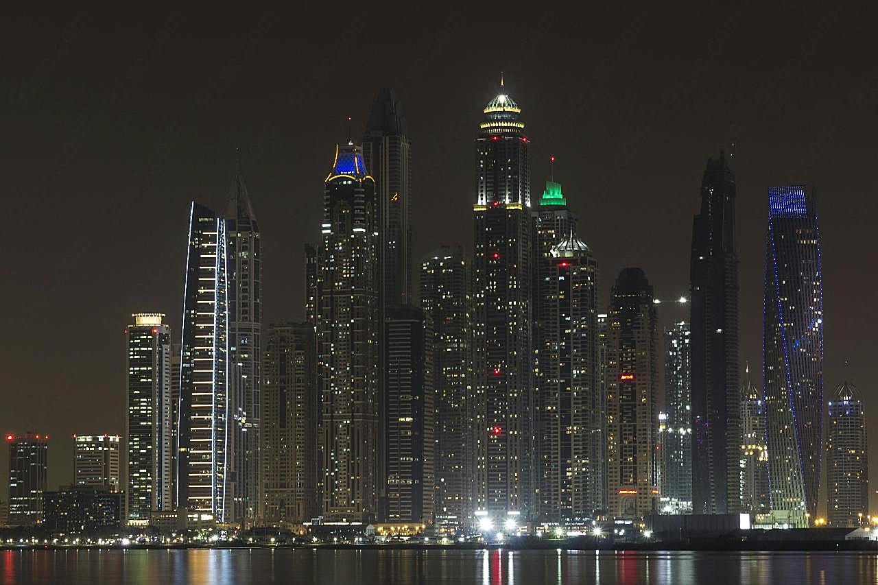 迪拜摩天大楼灯光夜景图片城市景观