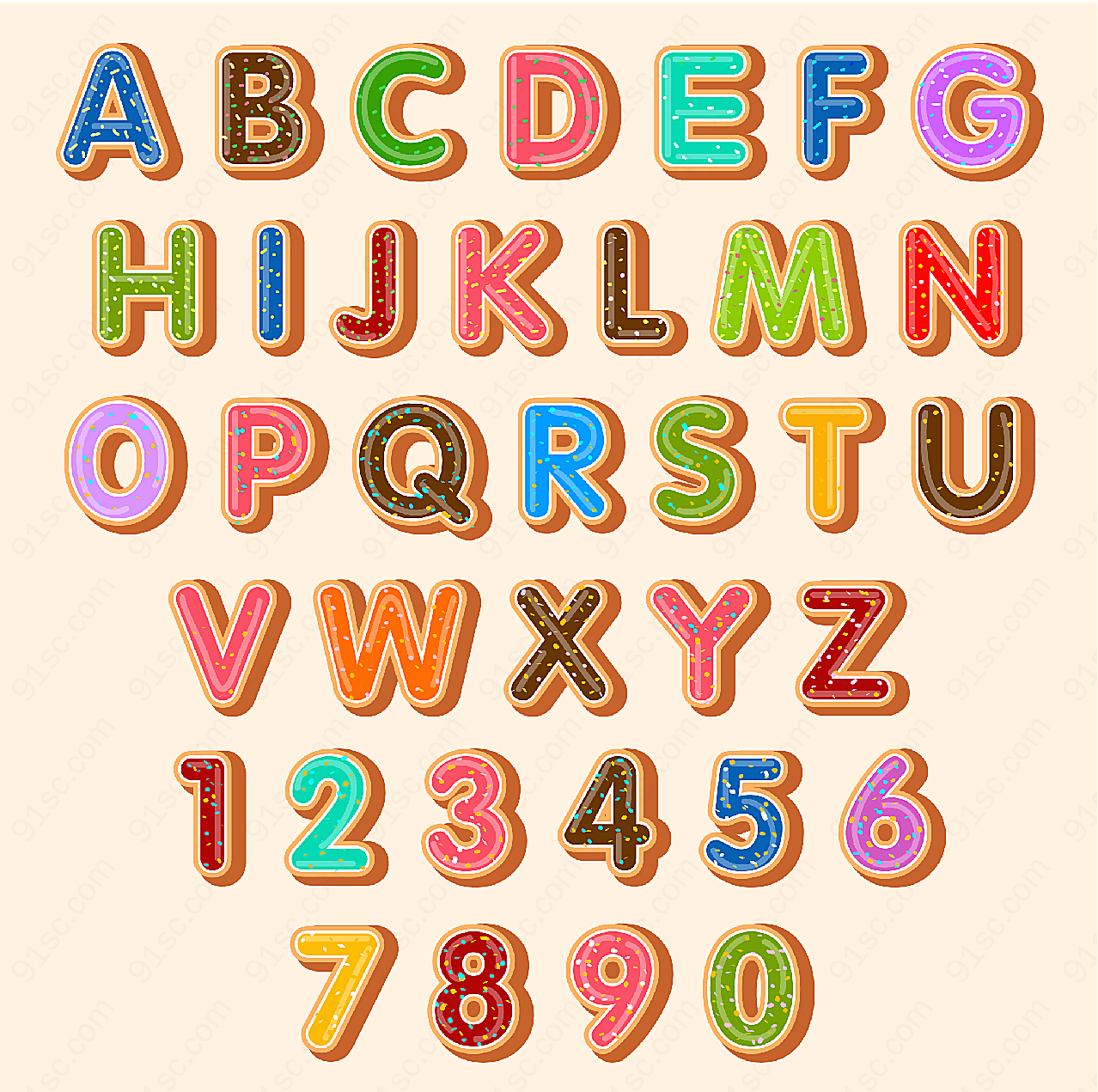 彩色饼干字母数字矢量艺术字