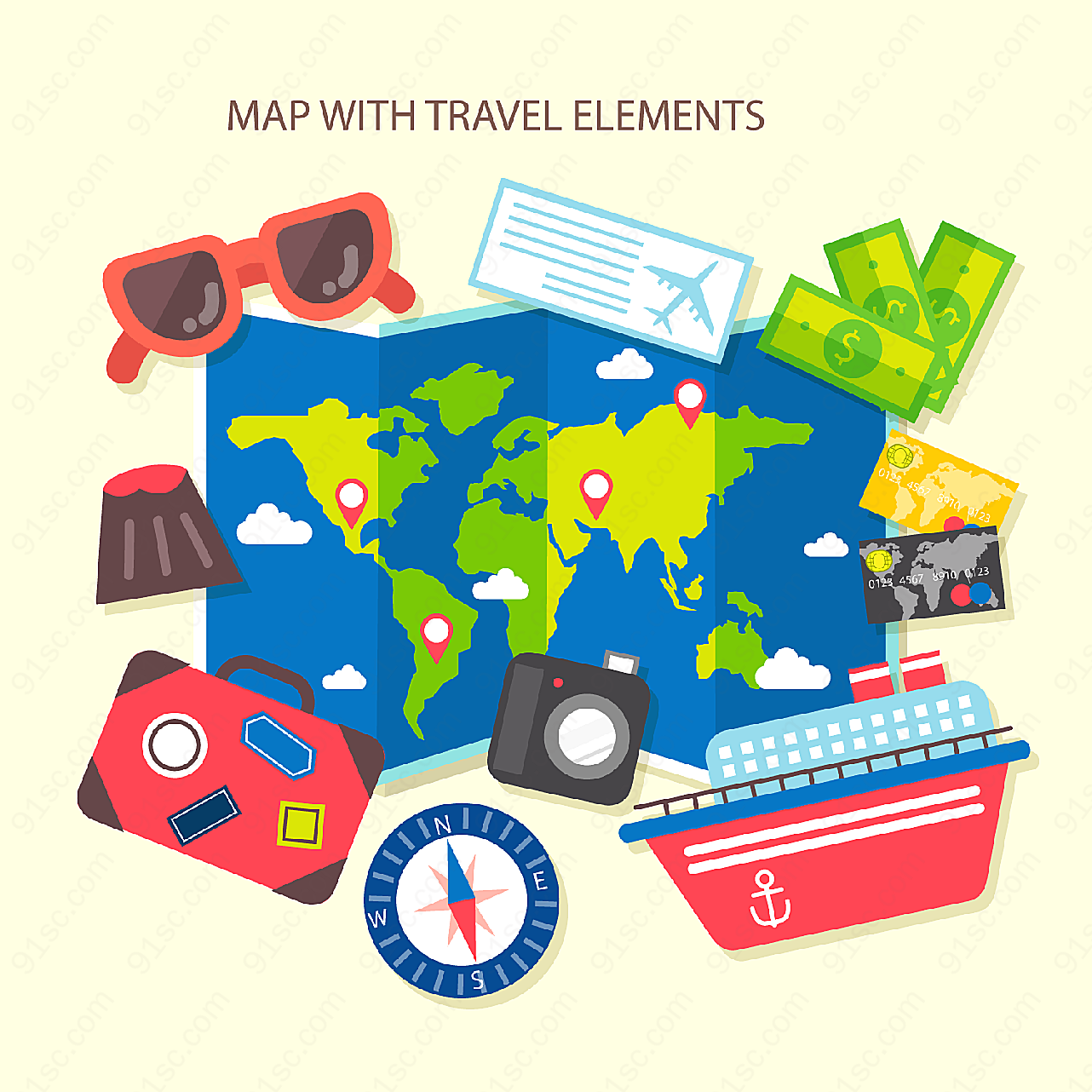 世界地图和旅行元素矢量设计元素