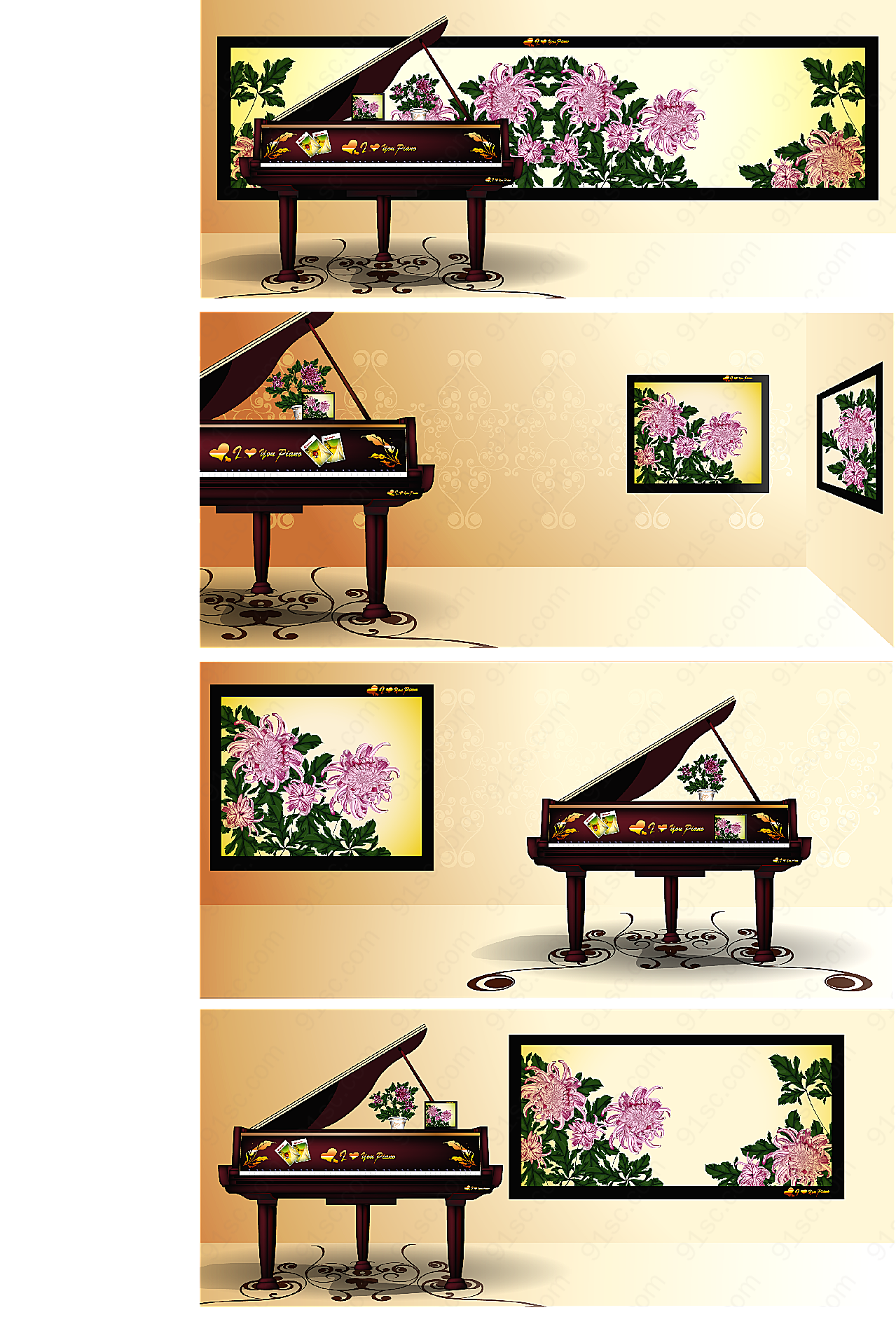 钢琴与中国画卷矢量绘画
