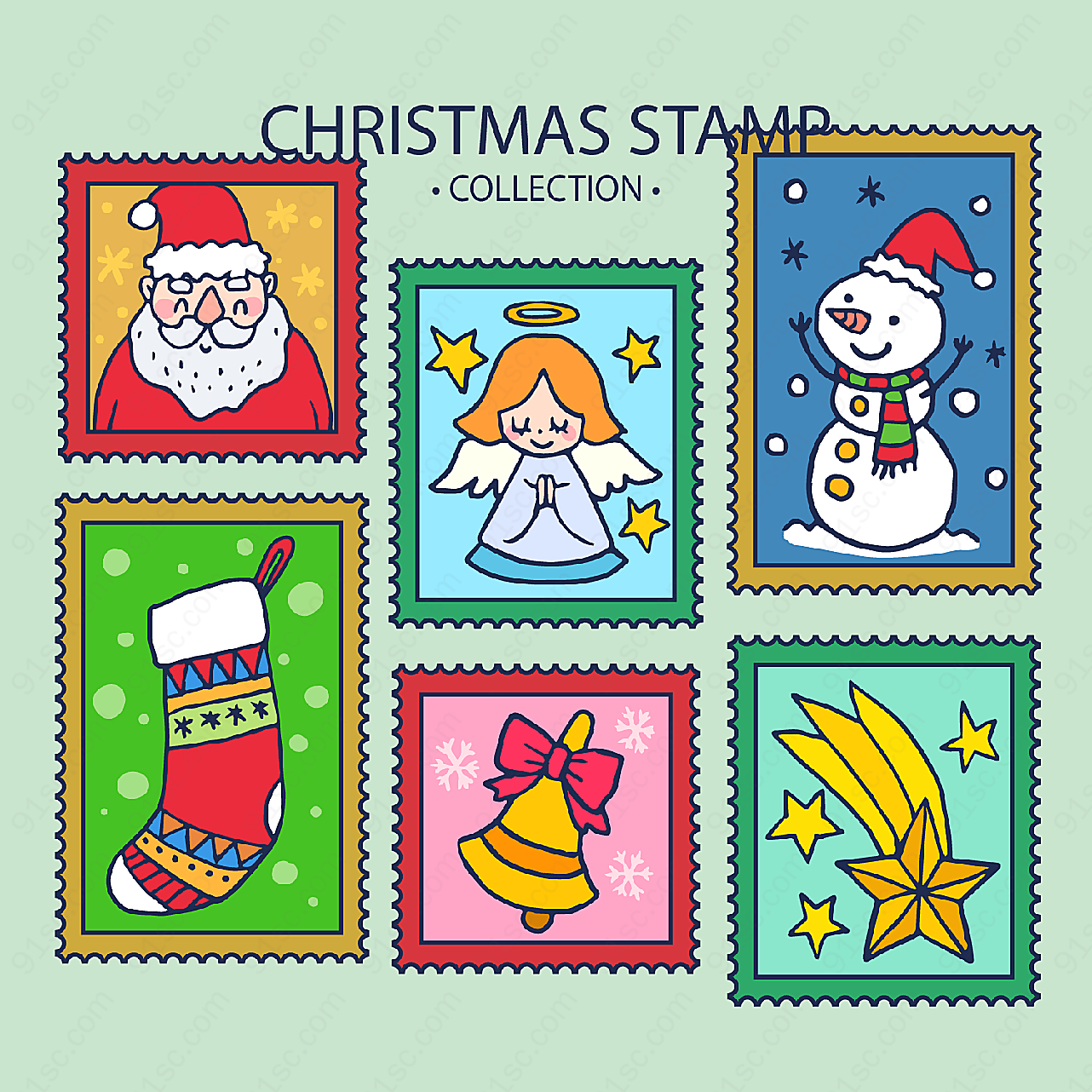 彩绘圣诞元素邮票矢量圣诞节