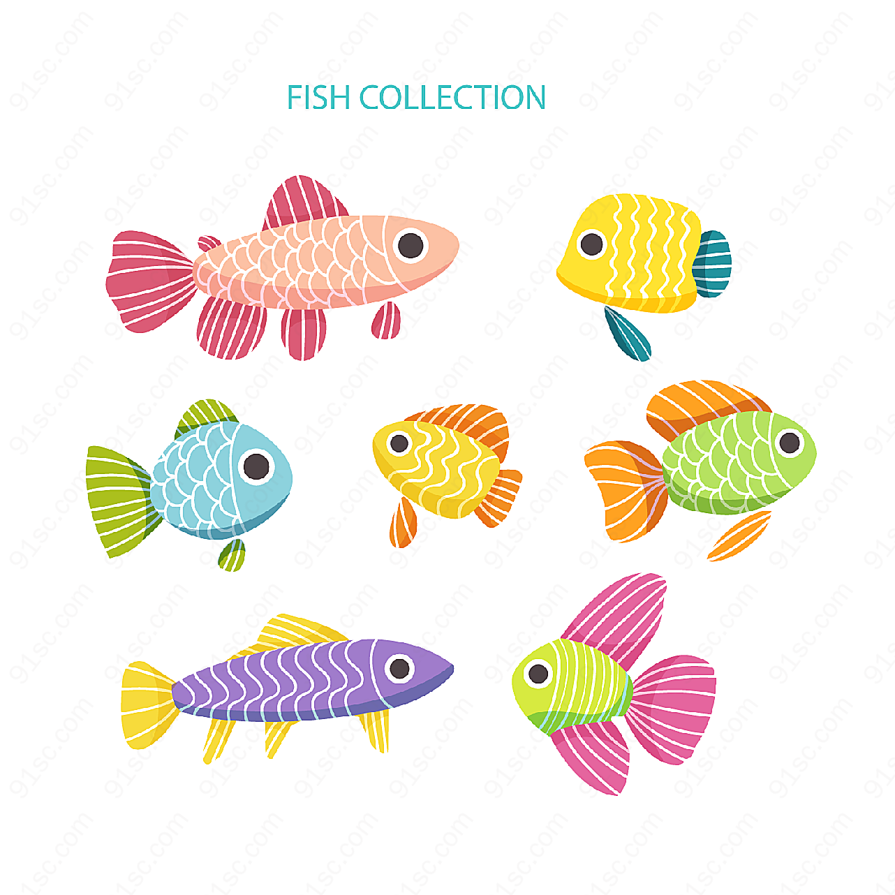 彩色花纹鱼类矢量卡通动物