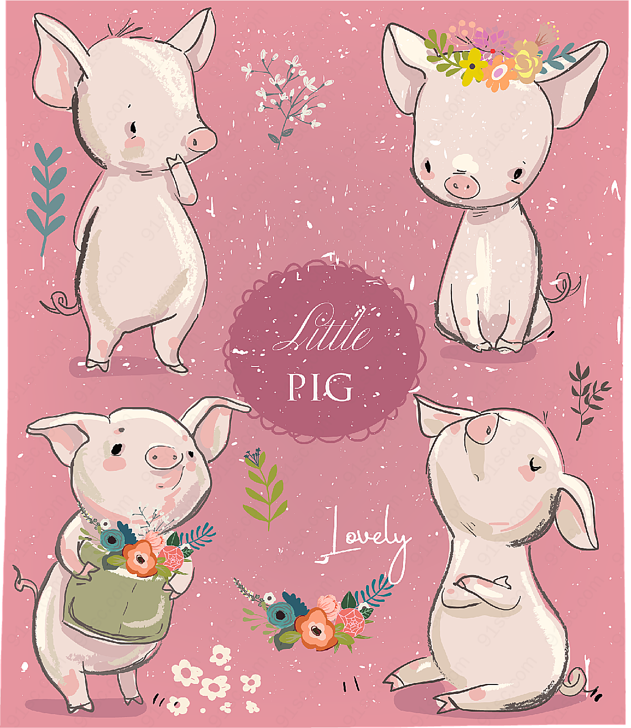 可爱手绘小猪矢量卡通动物