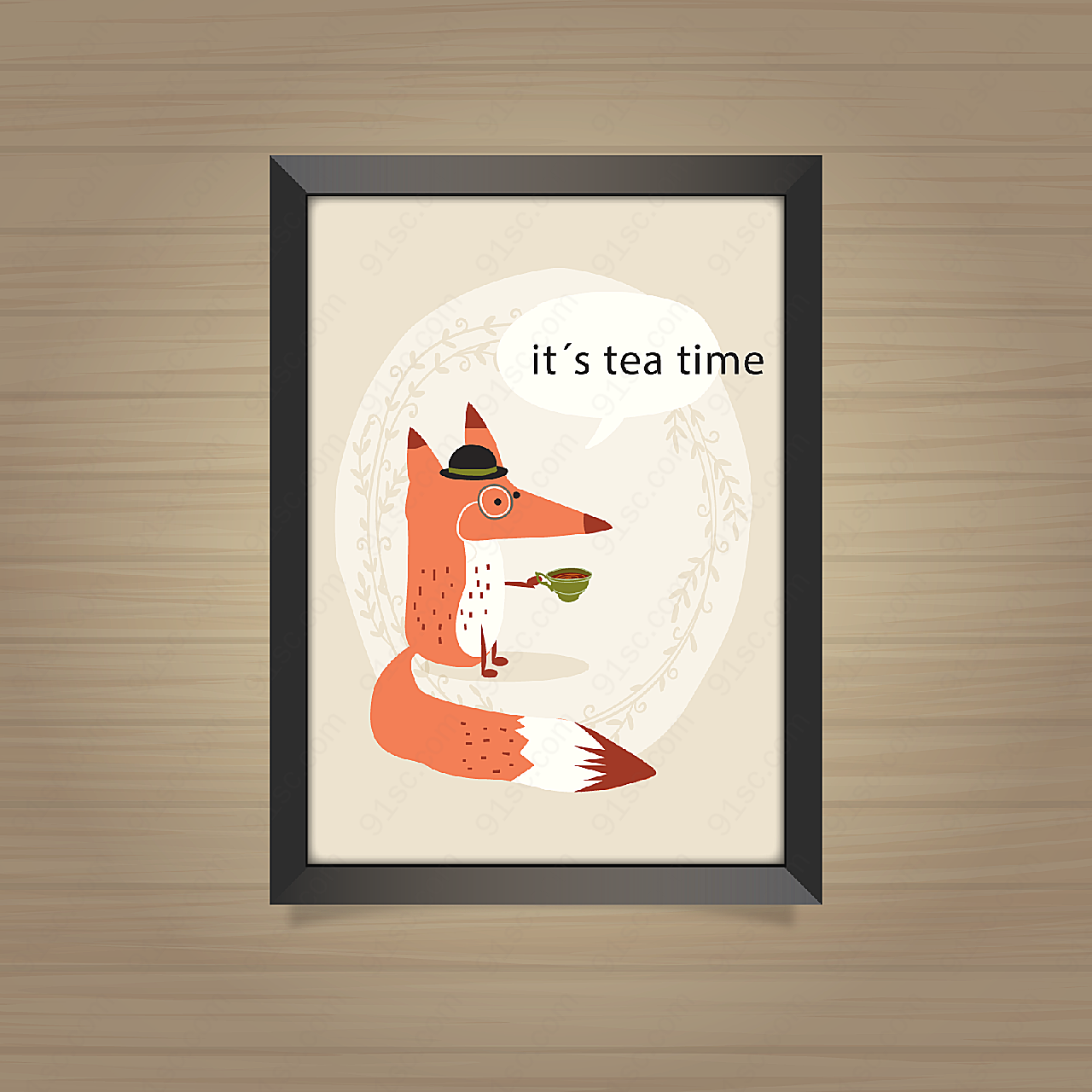 喝茶的狐狸挂画卡通矢量插画