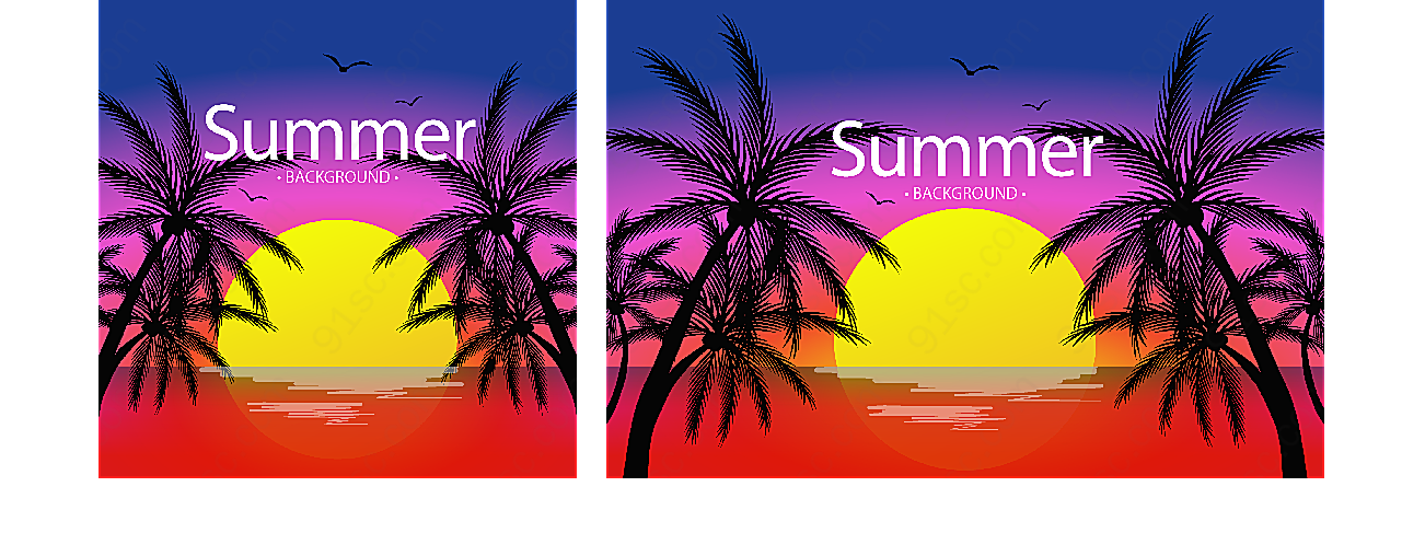 夏季夕阳下的棕榈树矢量自然风景