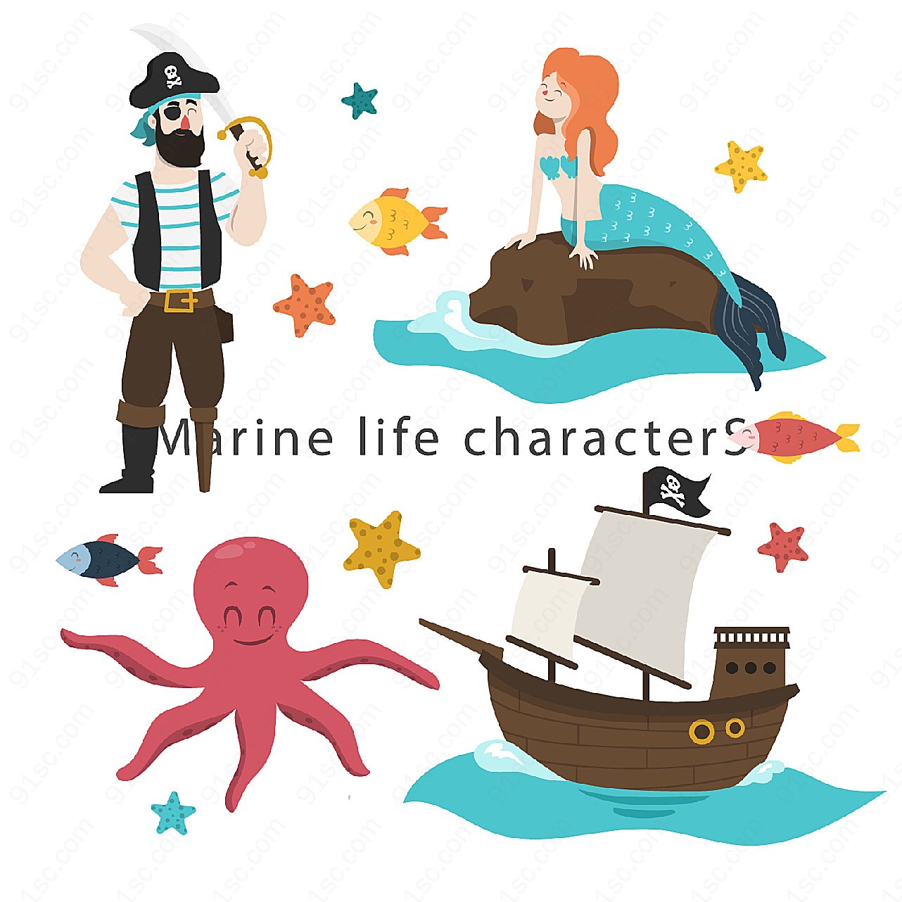 卡通海盗和美人鱼矢量卡通角色