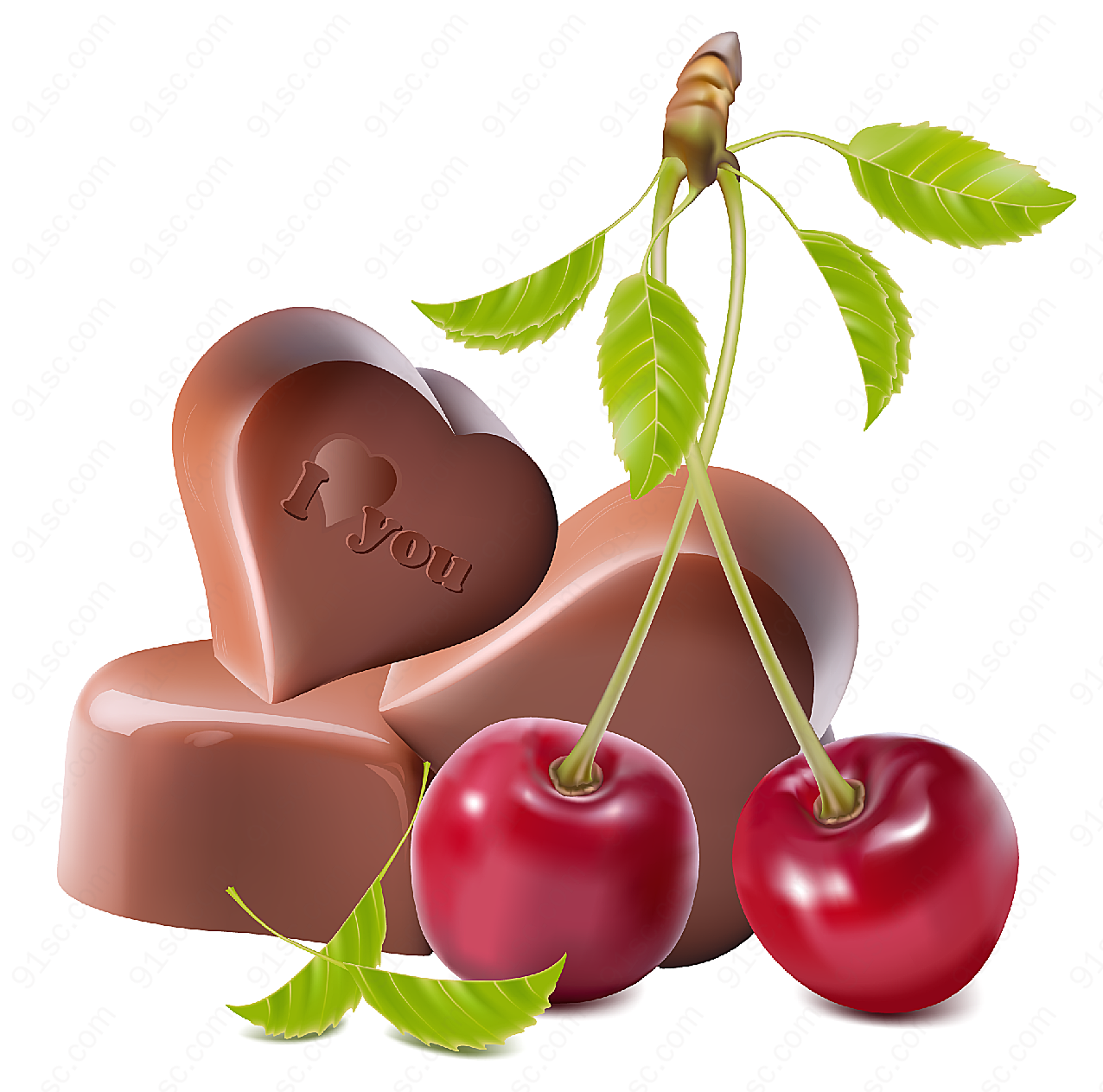 樱桃与心形巧克力矢量美食