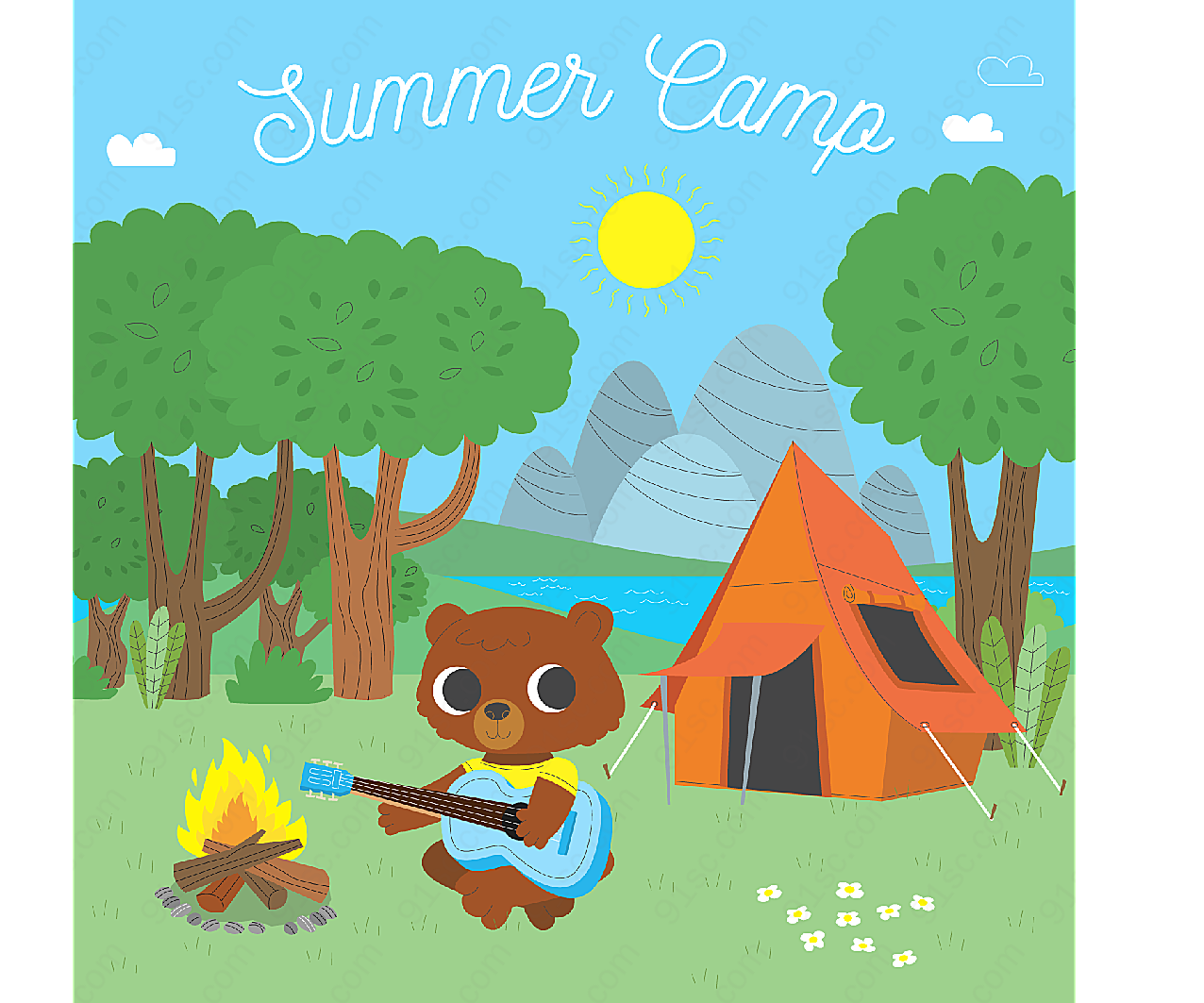 野营中的棕熊卡通矢量插画