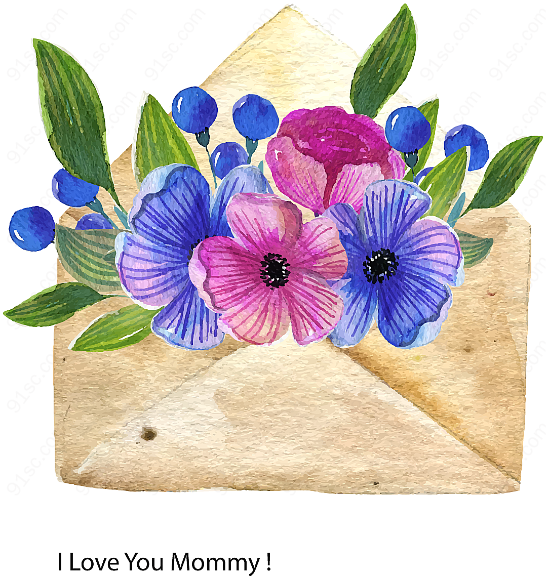 装满花卉的信封矢量母亲节