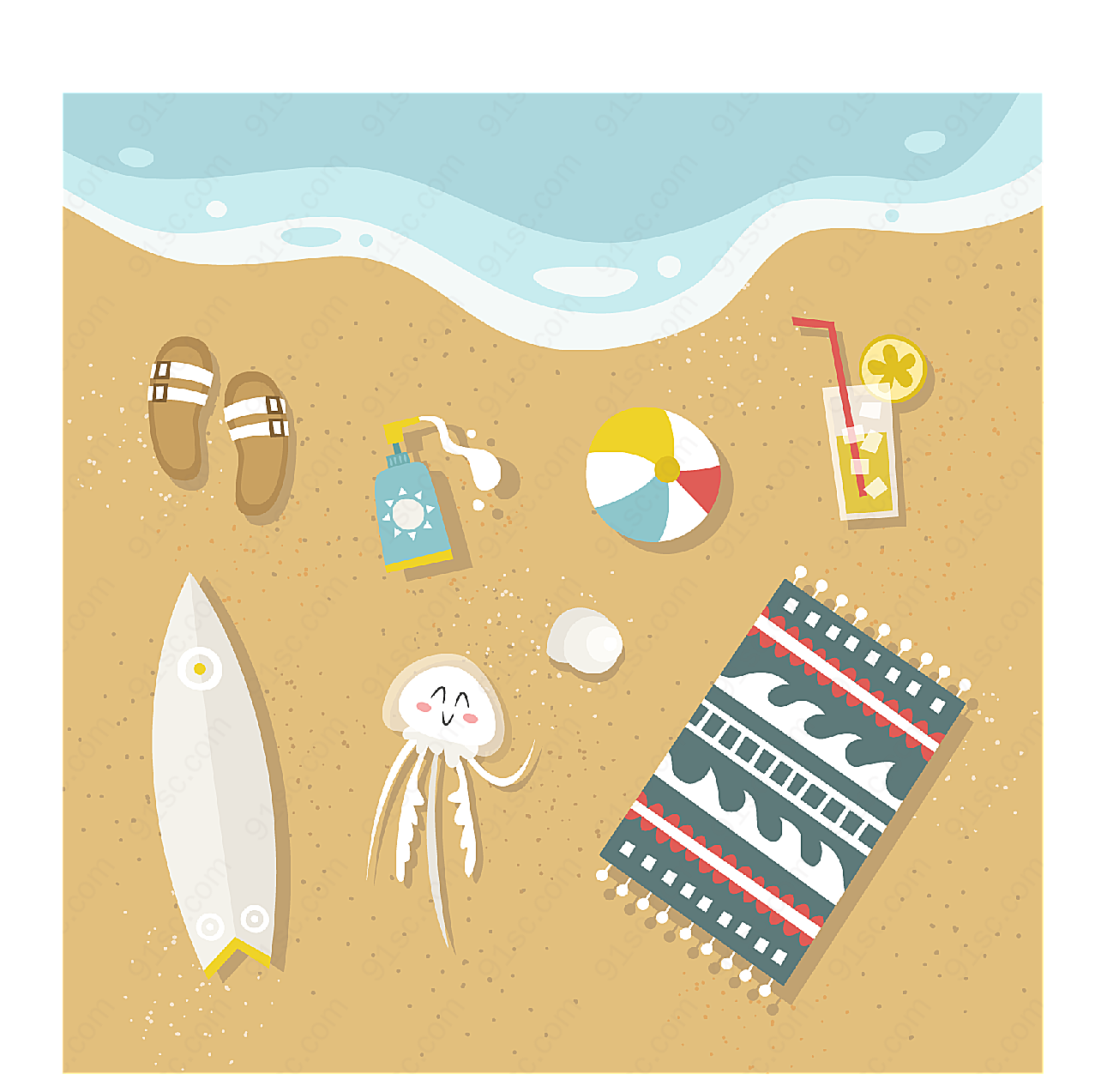 沙滩上的夏季物品矢量生活用品