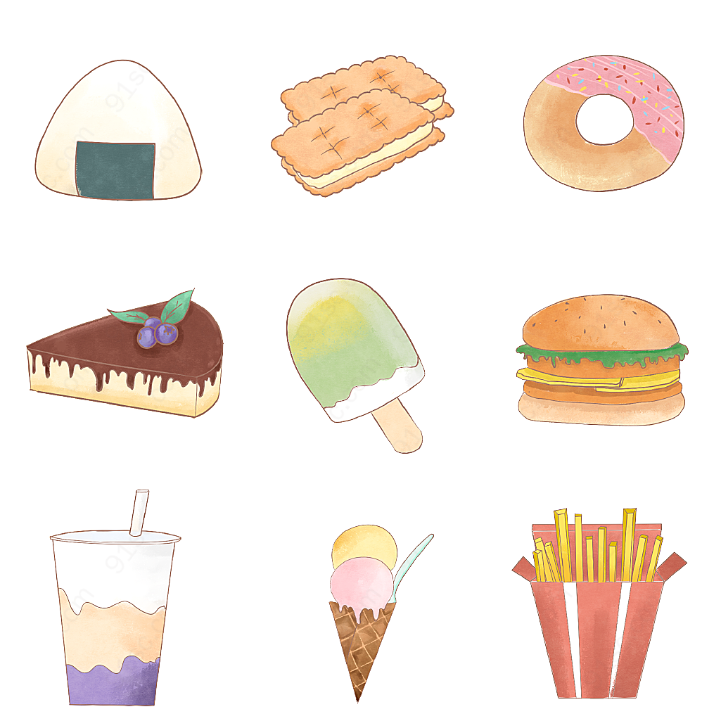 手绘风卡通零食九种甜甜圈冰淇淋