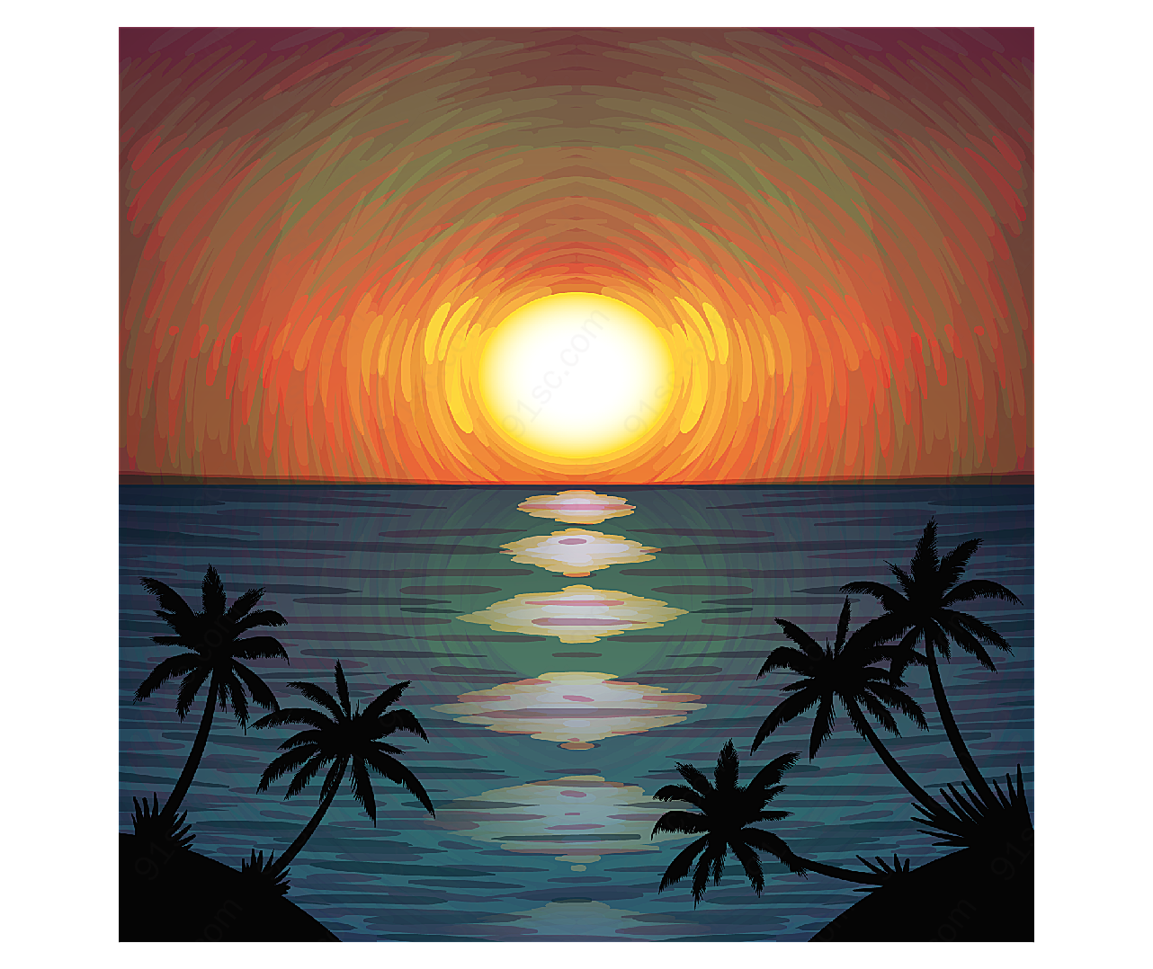 海边日落和椰子树矢量自然风景