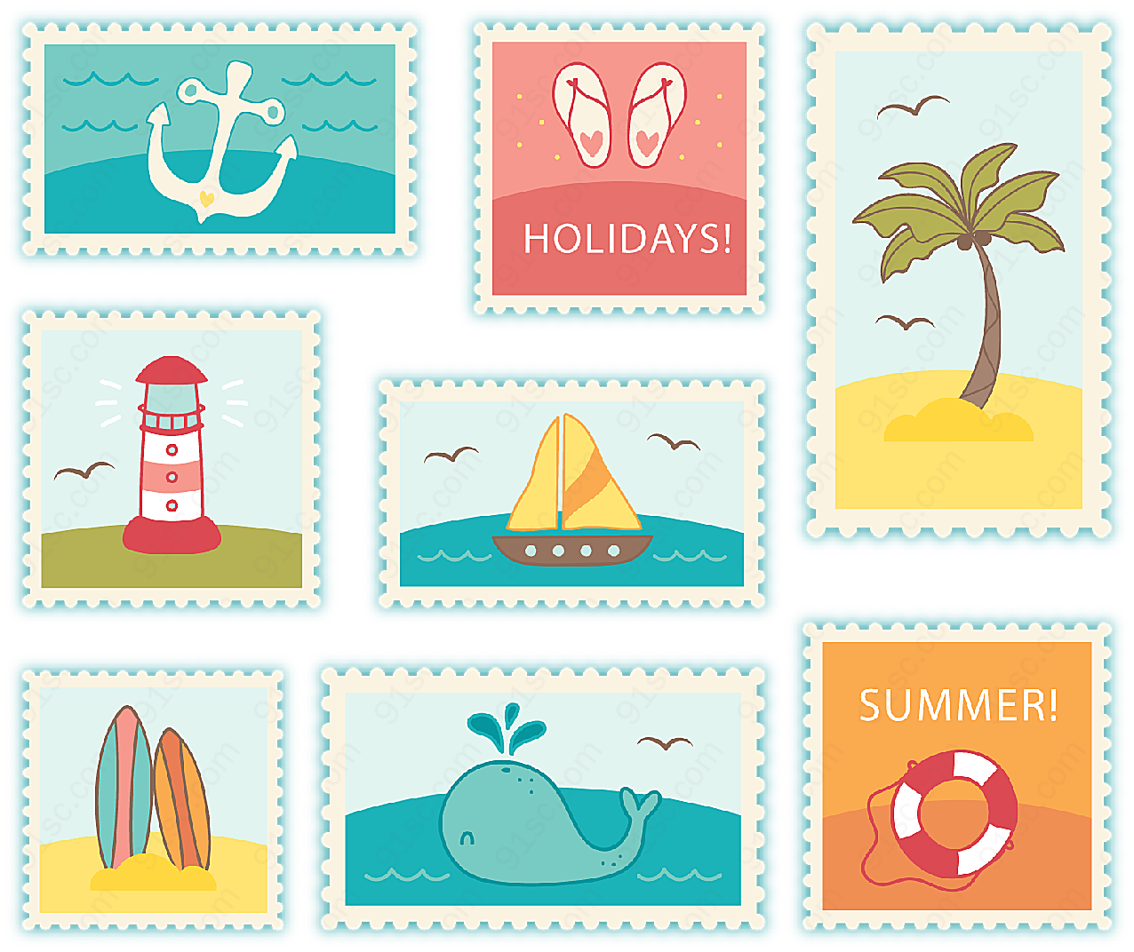 海洋元素邮票矢量传统文化