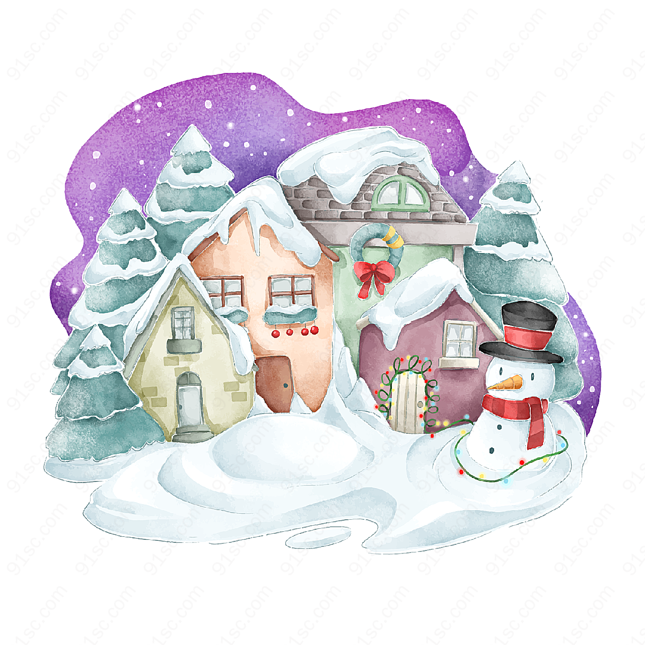 雪中的小屋和雪人矢量圣诞节