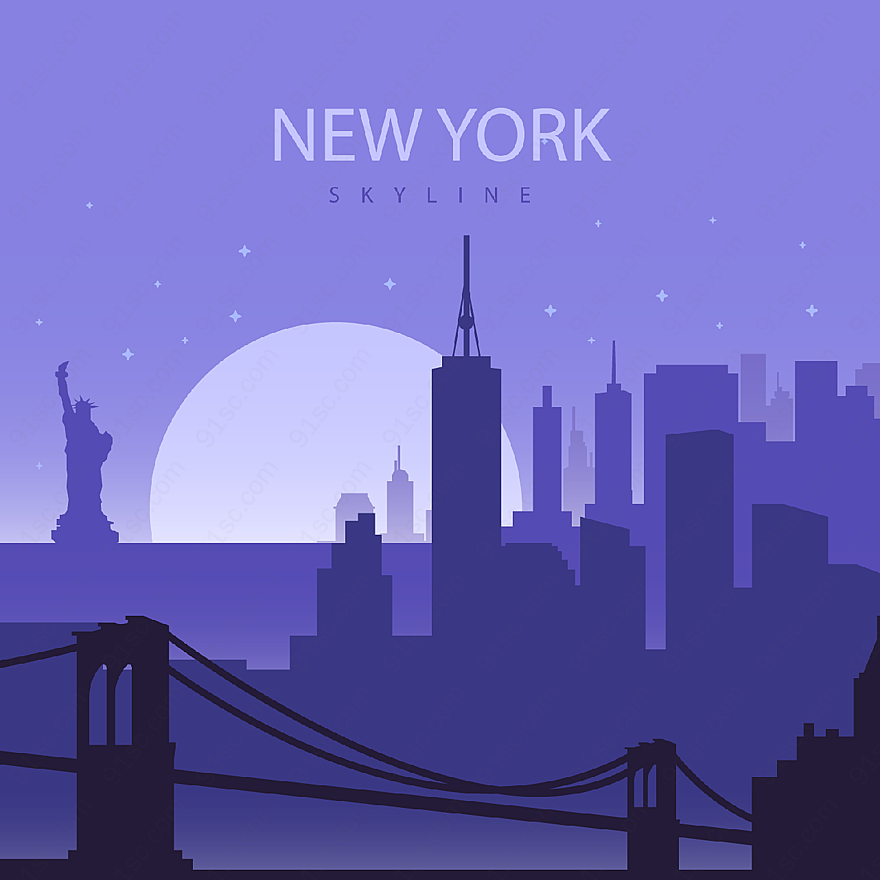 纽约日落风景剪影矢量建筑景观
