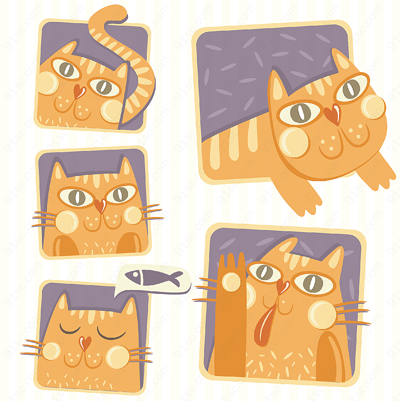 5款彩绘猫咪矢量卡通动物