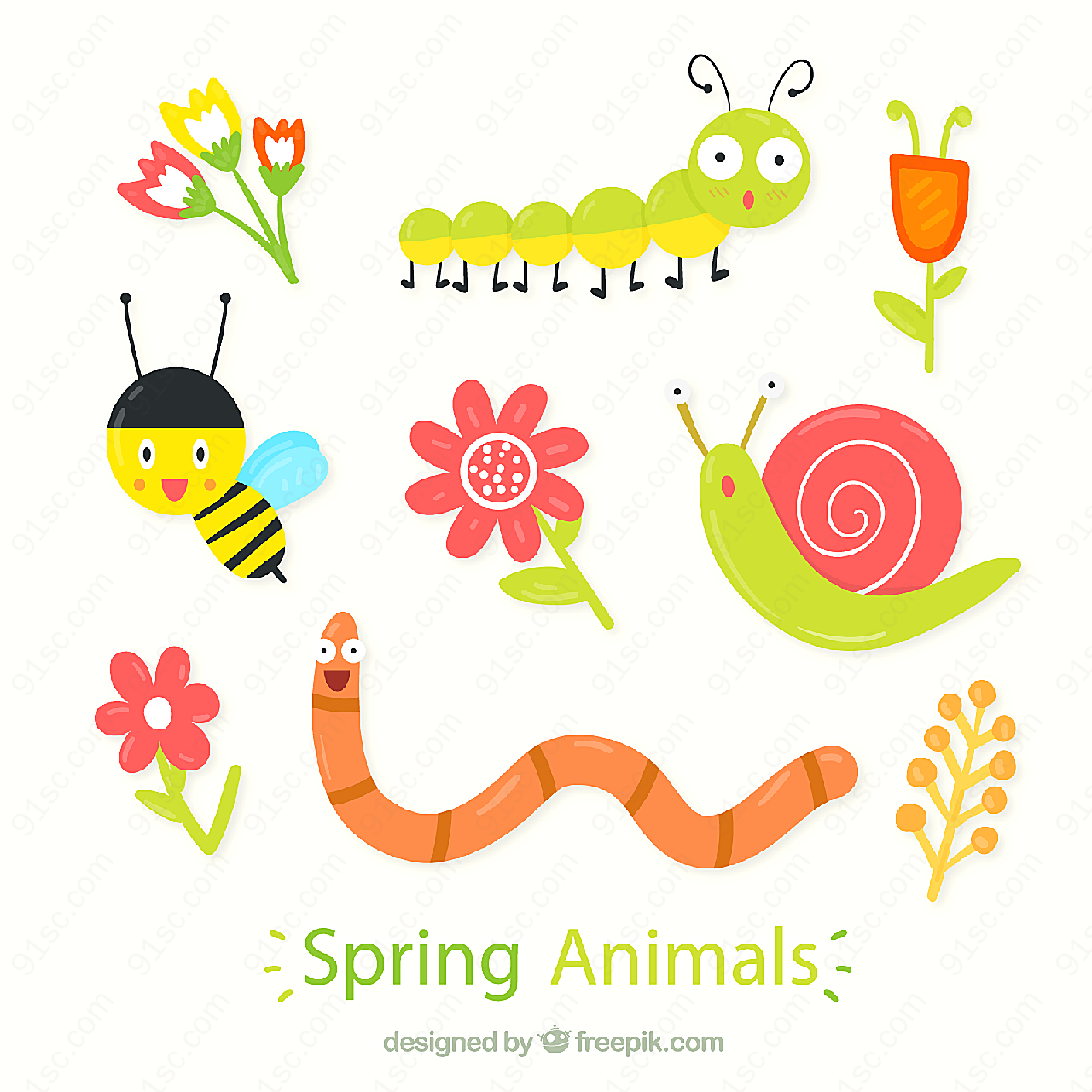 春季花朵和昆虫矢量卡通动物