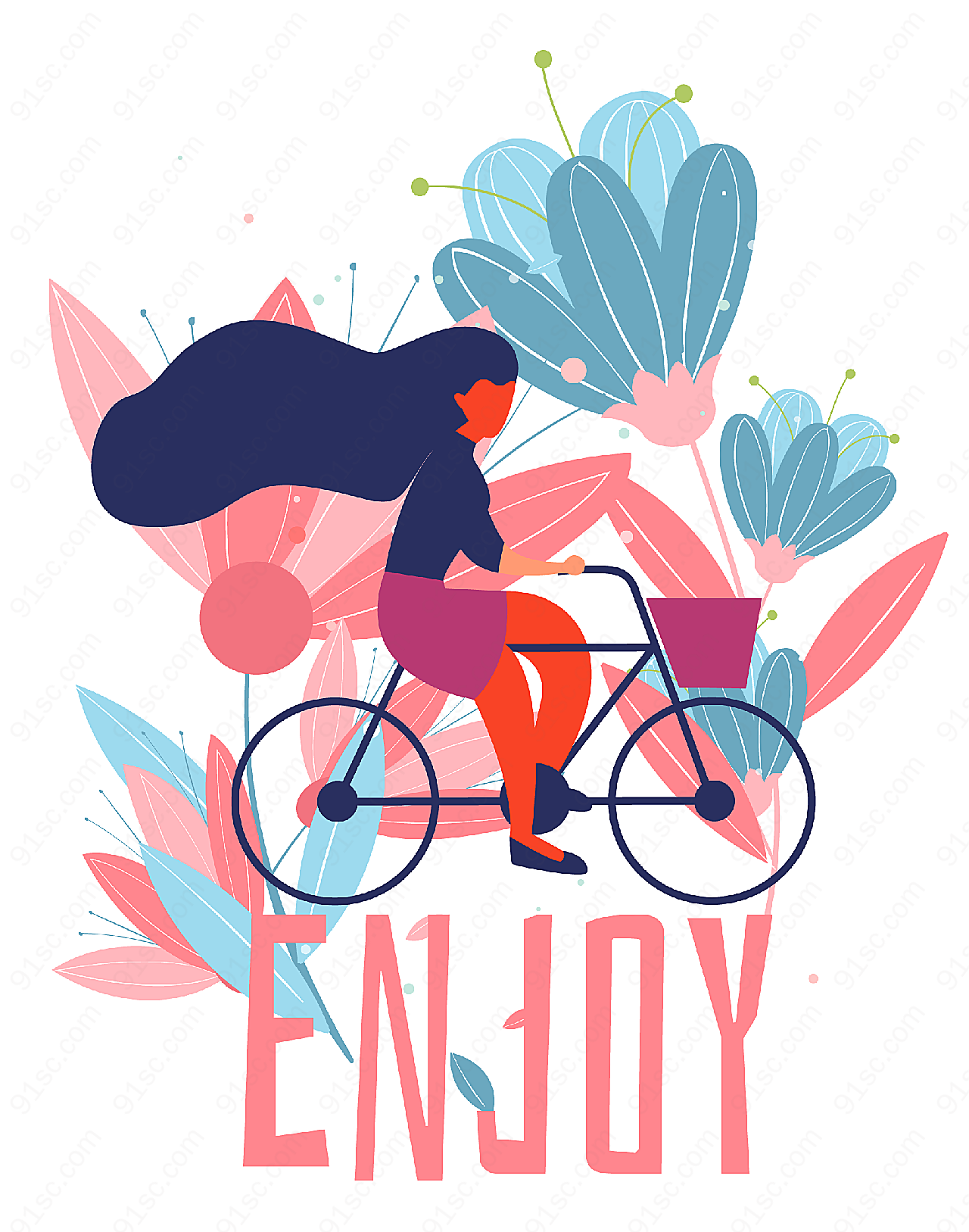 骑单车女子和花卉矢量生活人物