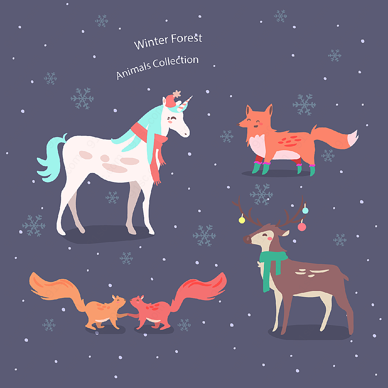 冬季森林动物矢量卡通动物
