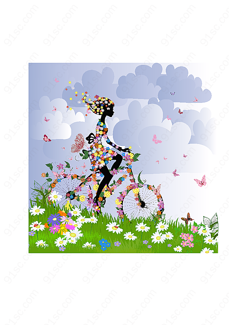 春季花朵自行车矢量设计元素