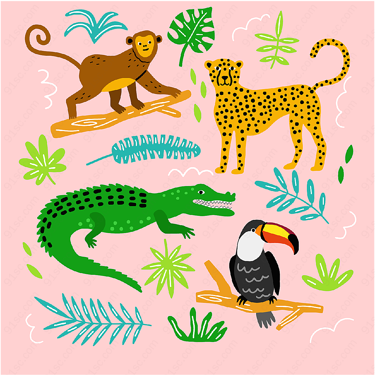 彩绘动物和树叶矢量野生动物