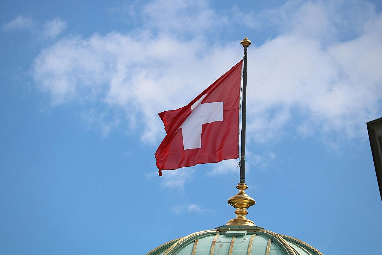 瑞士国旗飘扬图片摄影
