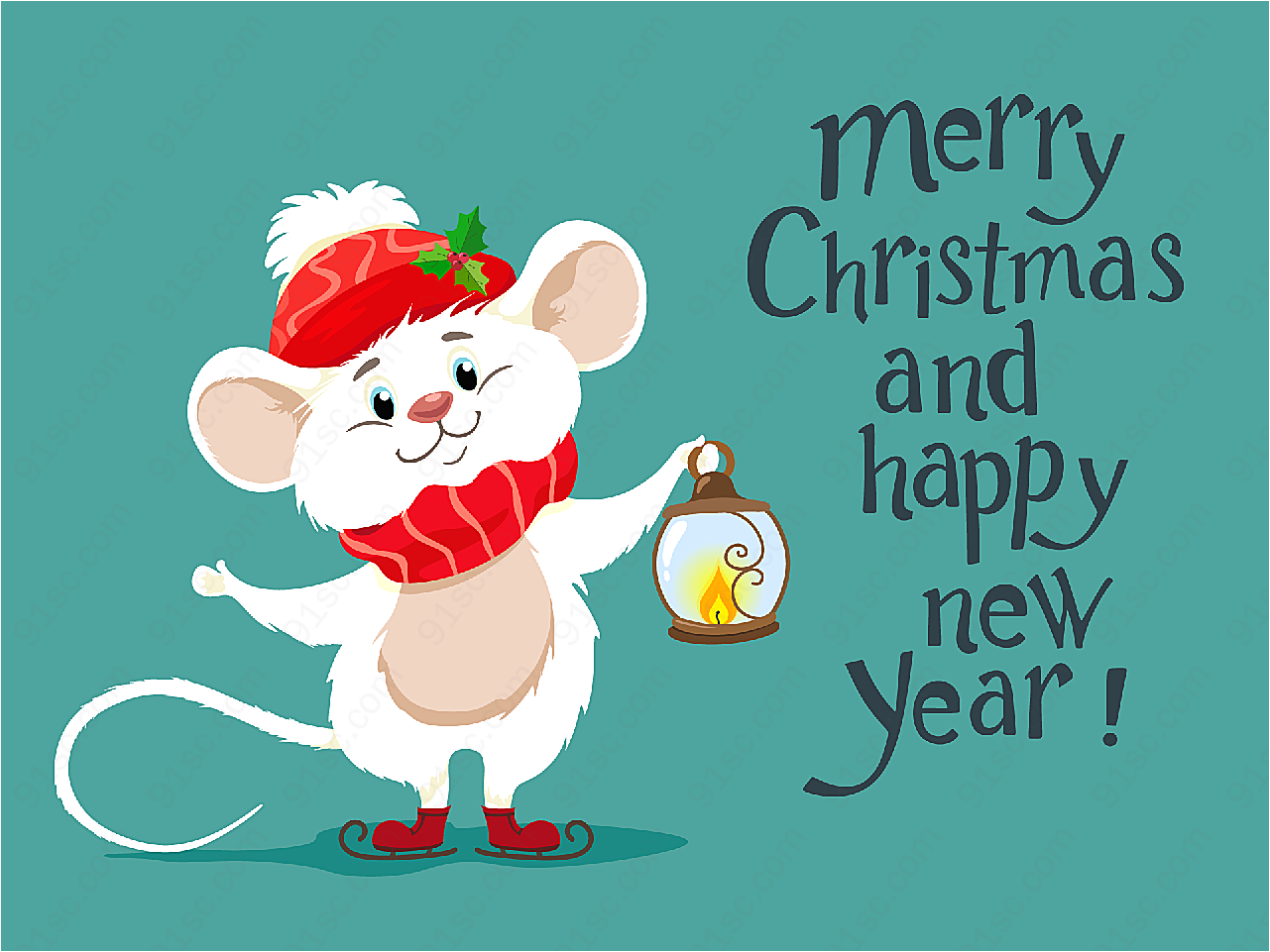 圣诞新年提风灯老鼠矢量圣诞节
