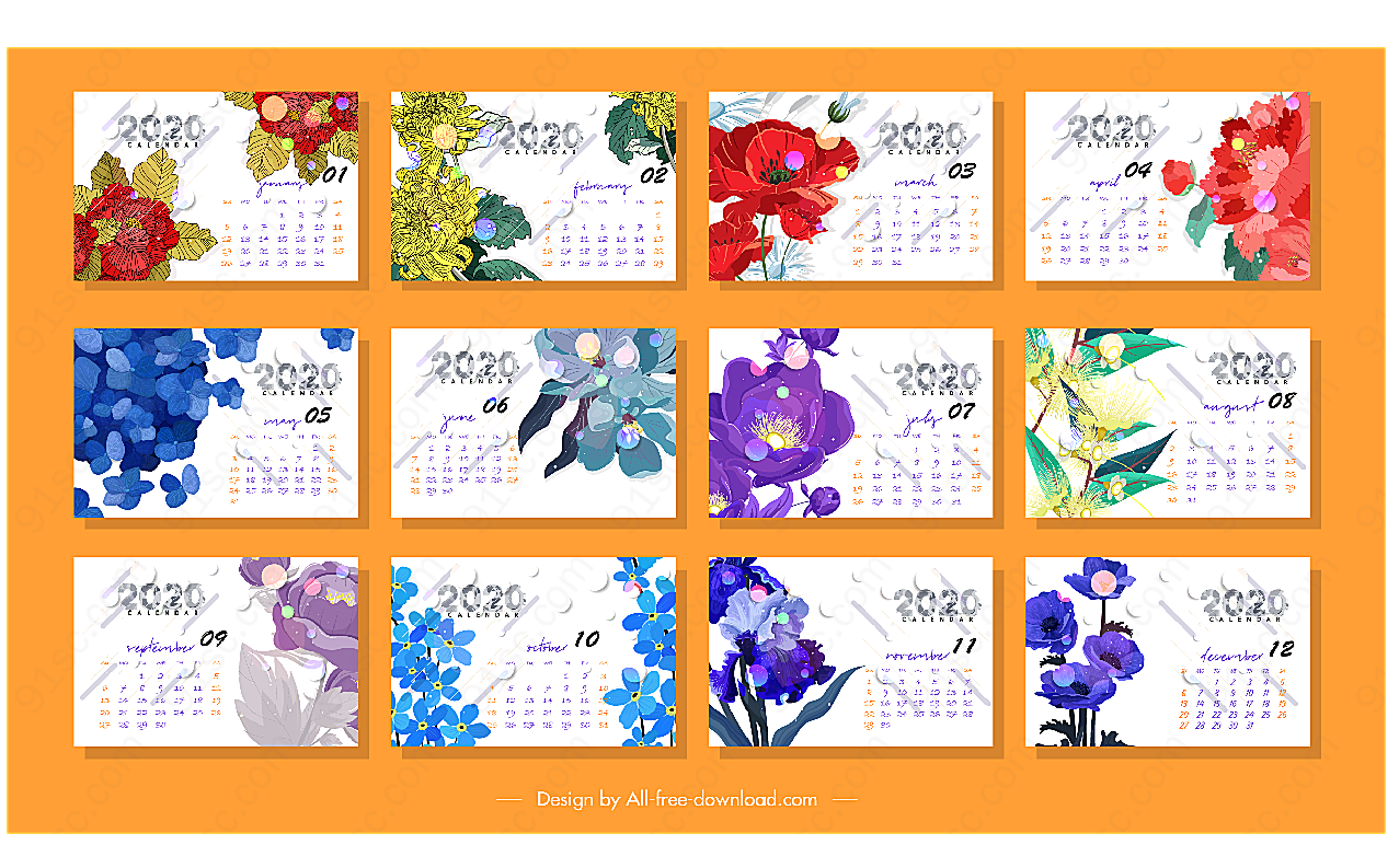 2020年花卉月历卡片年历日历矢量
