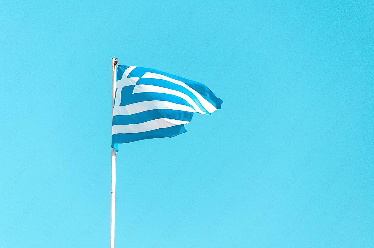 旗杆上的希腊国旗图片摄影高清