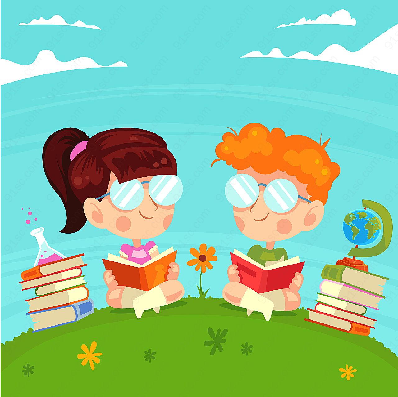草坪读书的儿童矢量儿童幼儿