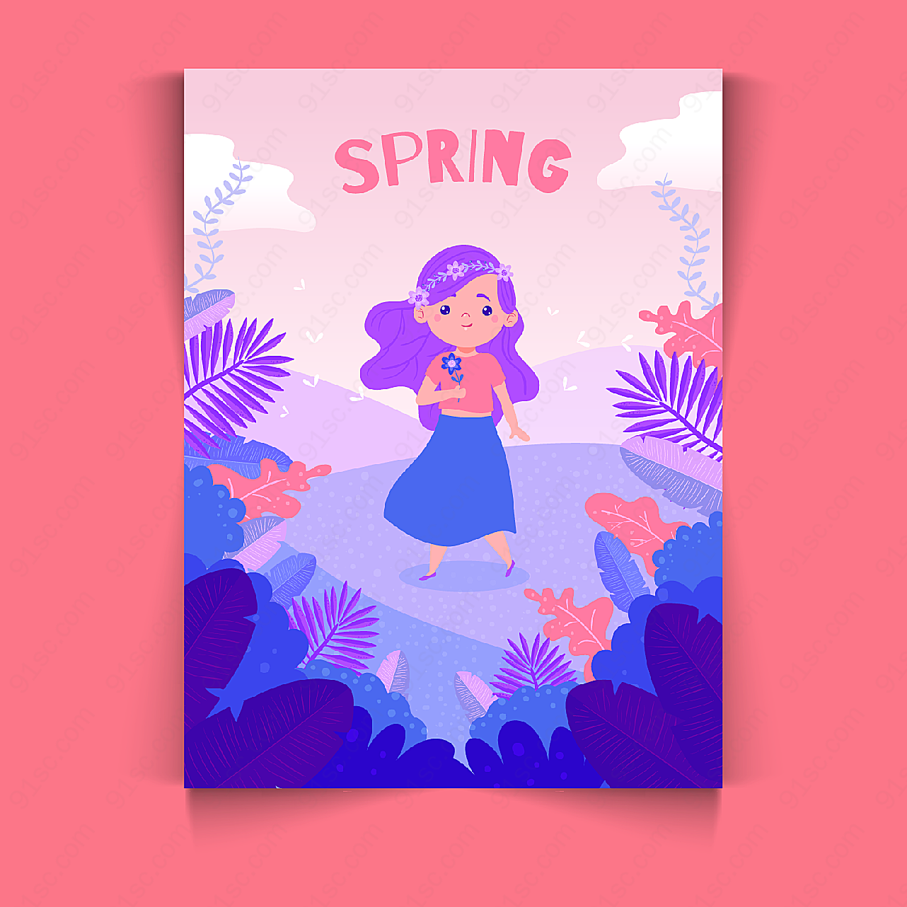 春季女孩卡片平面广告