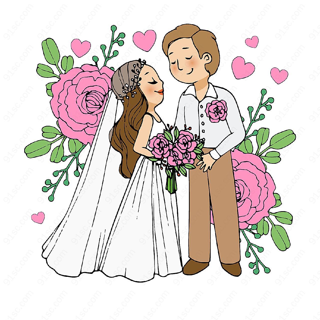 婚礼新人和粉玫瑰矢量生活人物