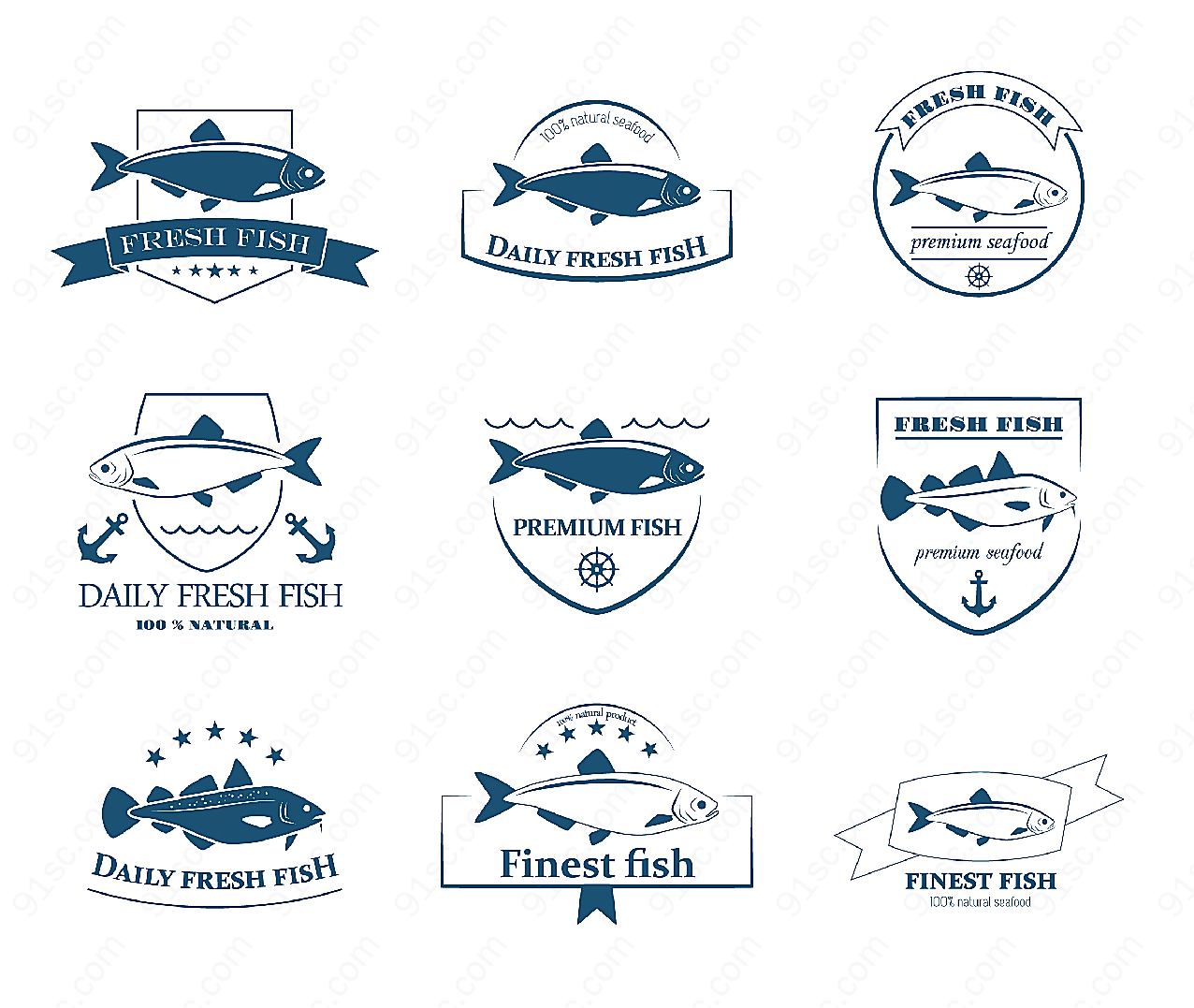 新鲜鱼类标签label矢量