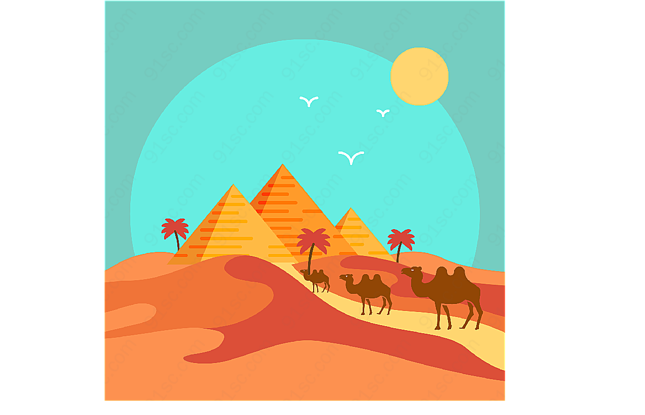 沙漠金字塔和骆驼矢量建筑景观
