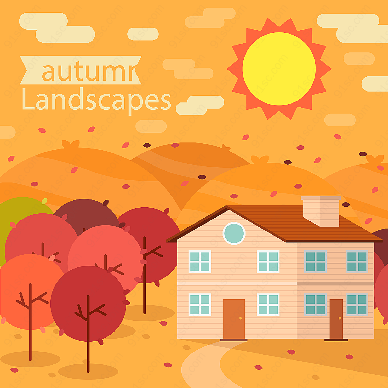 秋季郊外房屋矢量建筑景观