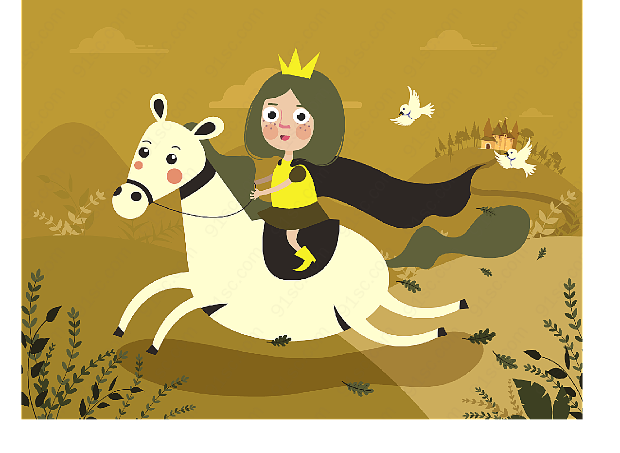 骑白马的公主角色矢量卡通角色