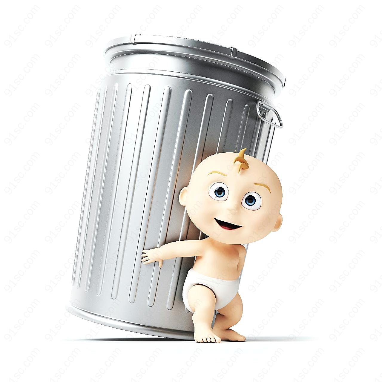 3d宝宝与垃圾桶图片摄影
