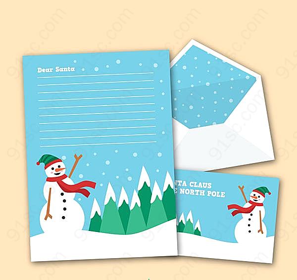 雪人信纸和信封矢量圣诞节