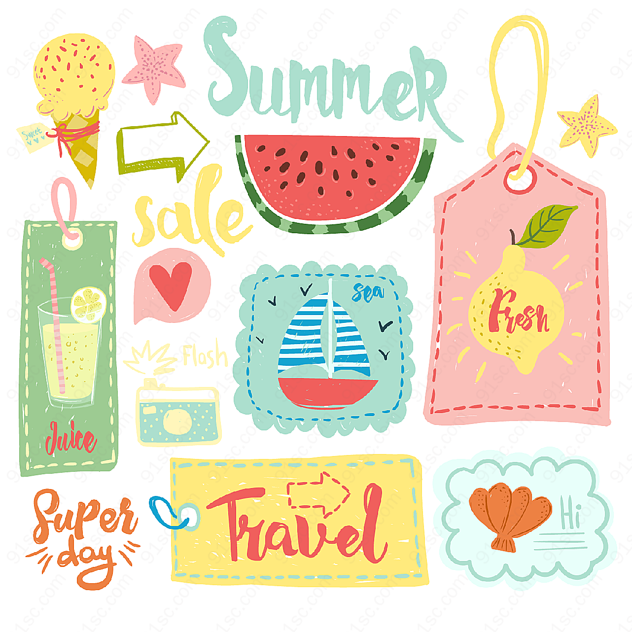 夏季吊牌和食物矢量卡通物品
