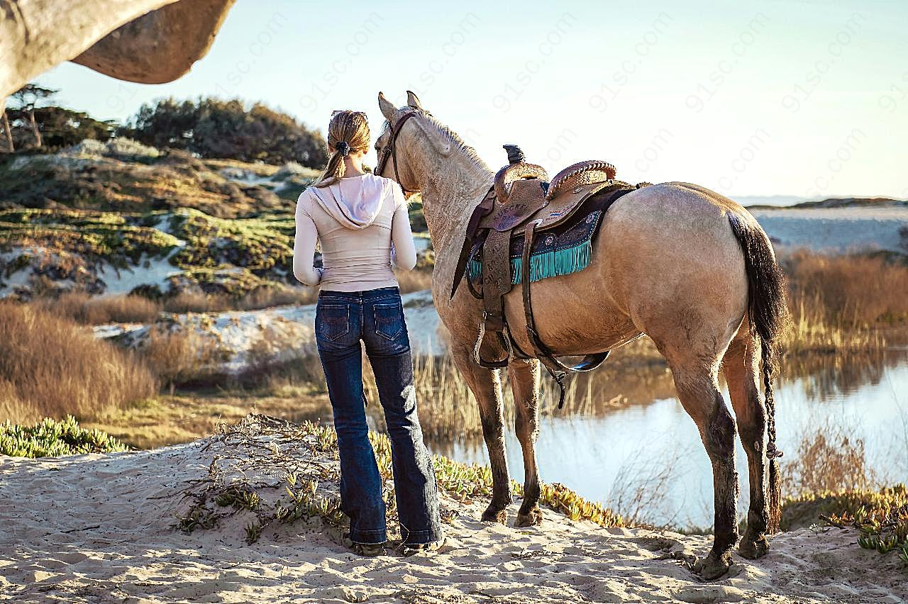 女人与马匹背影图片人物速写