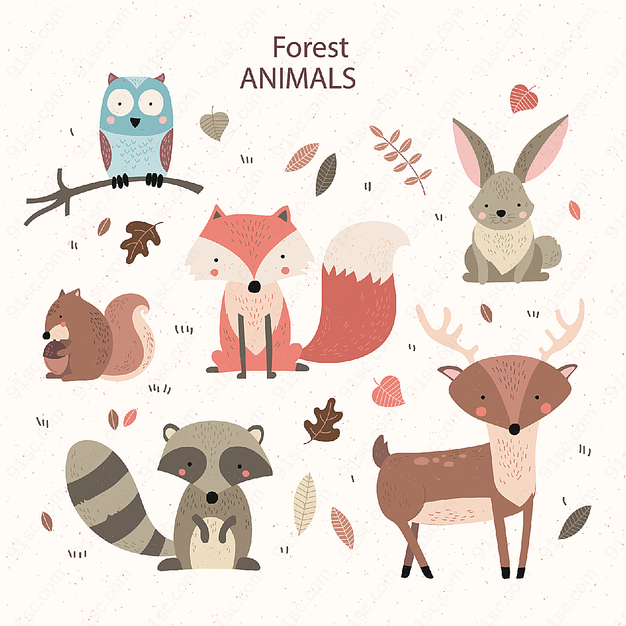 彩绘森林动物矢量卡通动物