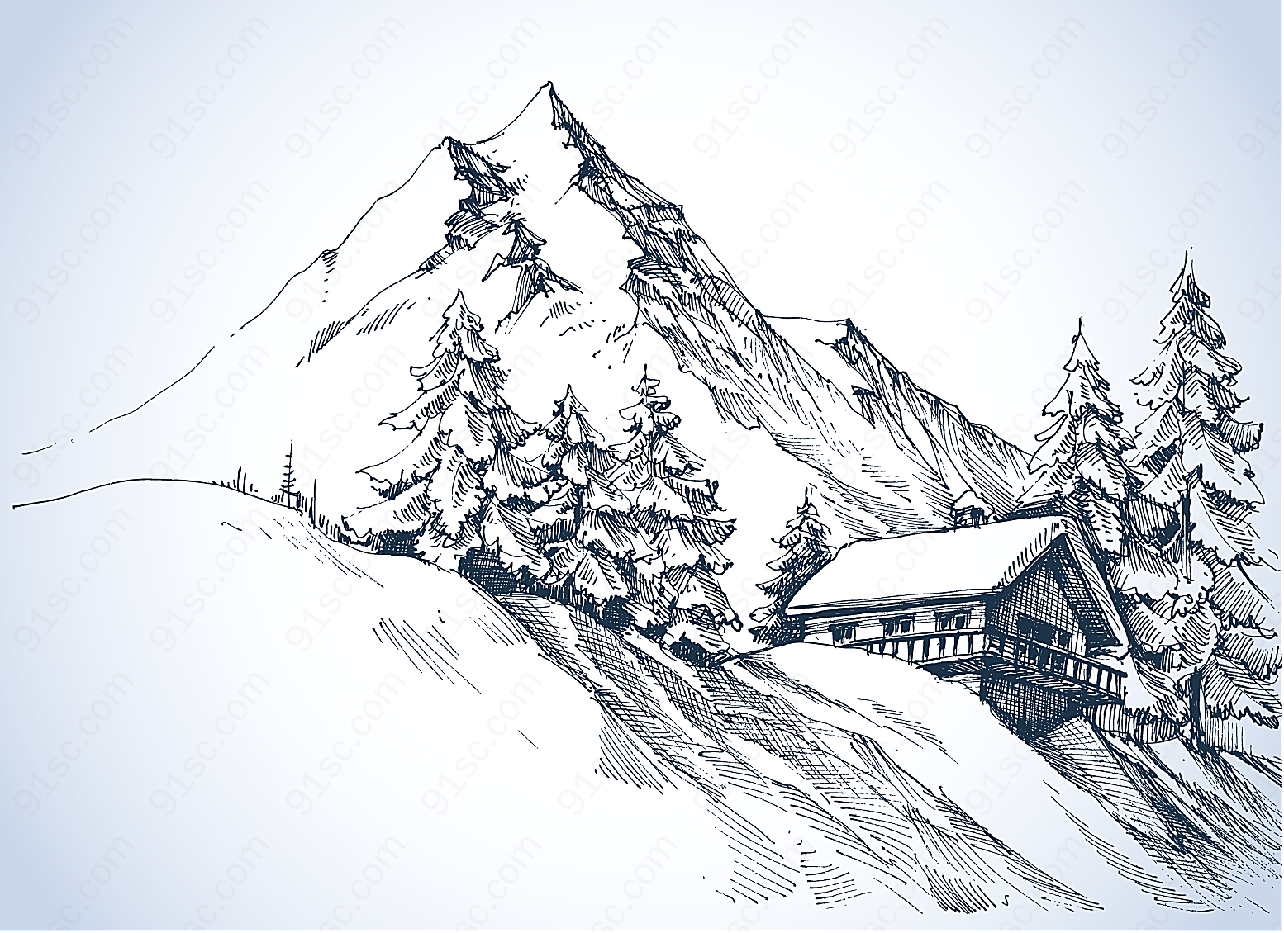雪山脚下房屋素描矢量自然风景