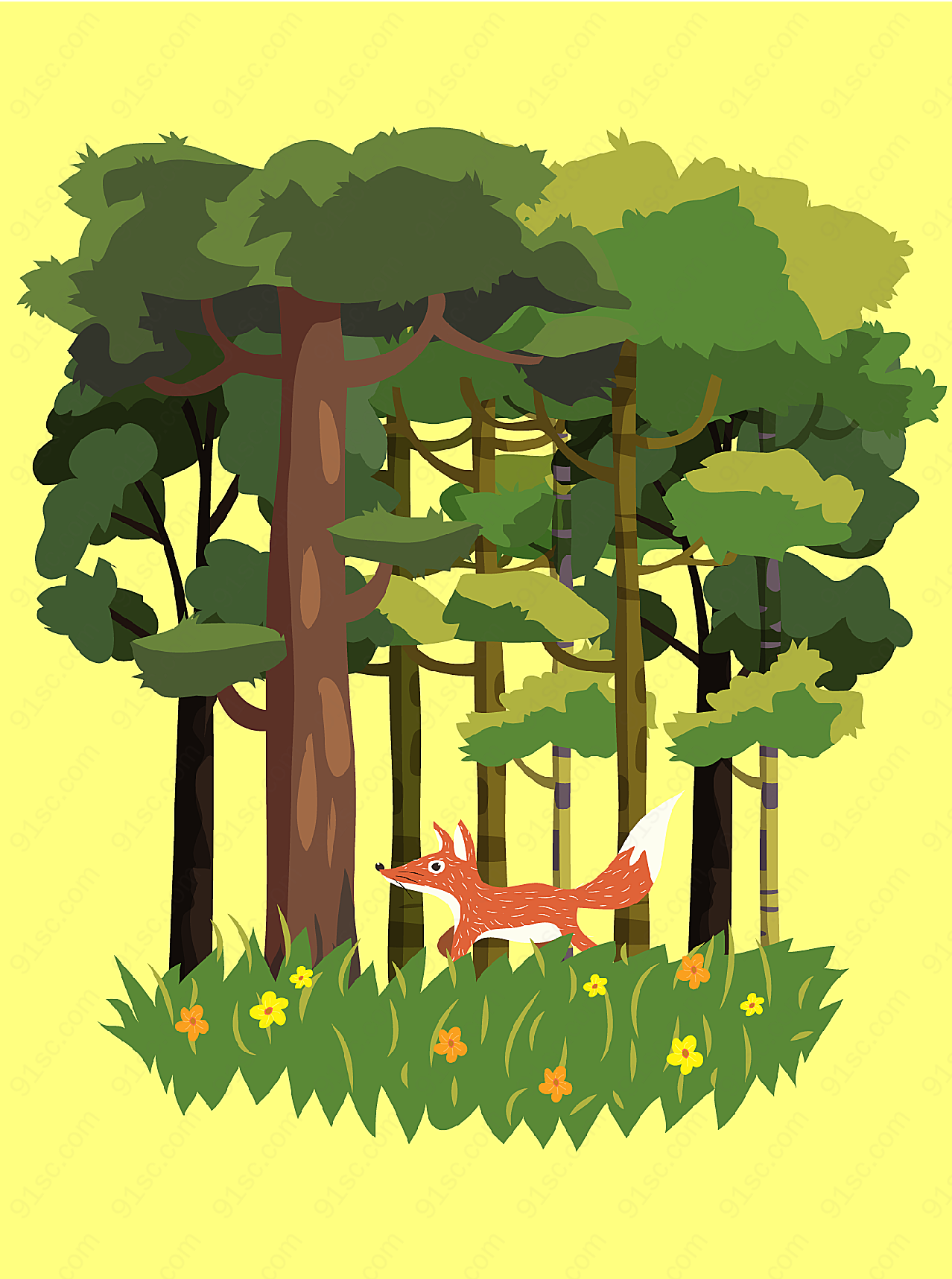 森林狐狸风景矢量野生动物