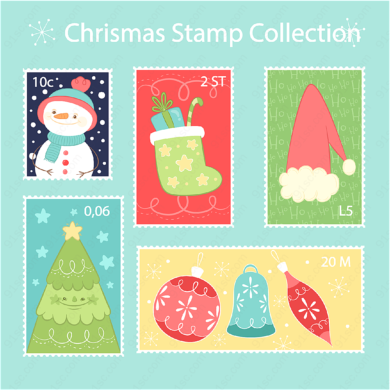 彩绘圣诞邮票矢量圣诞节